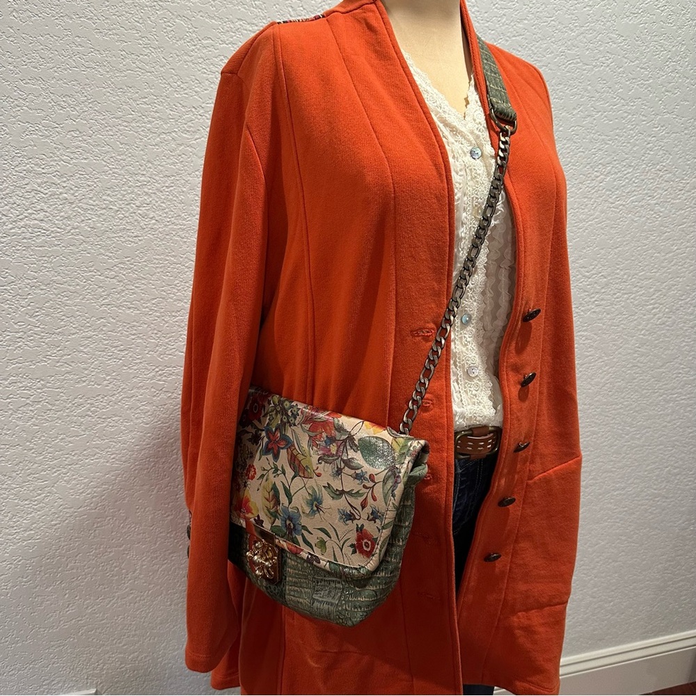 Floral & Green Leather Crossbody Bag Purse Satchel Art to Wear Boho Lagenlook - Picture 2 of 14